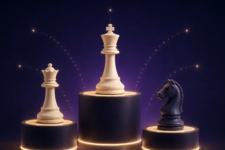 Drie verlichte sokkels met een koning, een dame en een paard erop