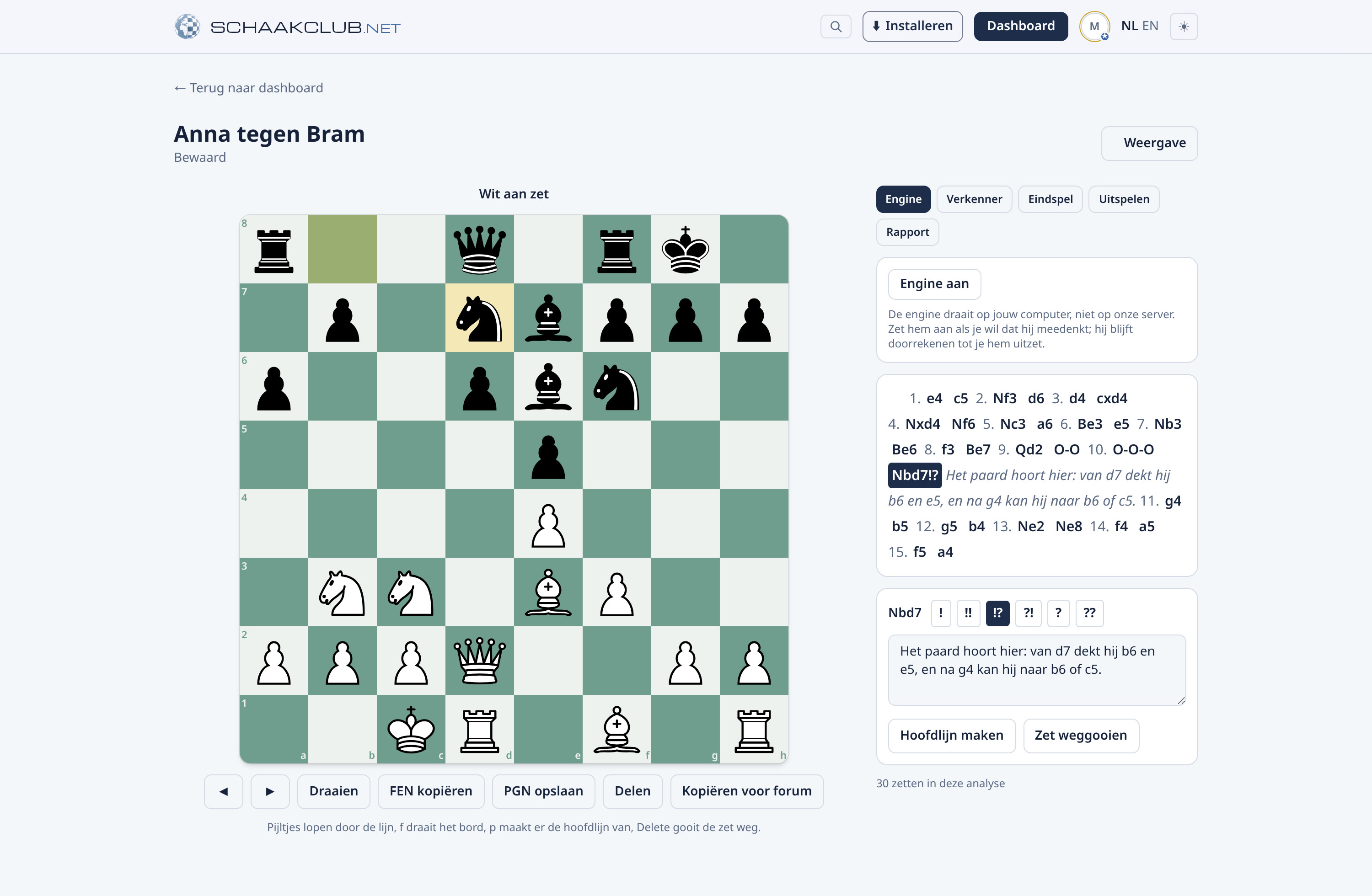 De werkbank van Caïssa met bord, varianten en de engine