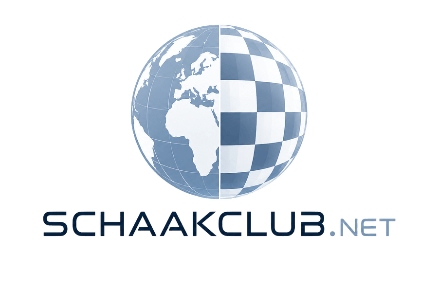 Schaakclub logo: een wereldbol, half wereldkaart en half schaakbord, met de tekst schaakclub.org